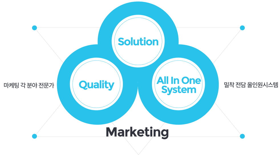 Solution, Quality, All In One System, 마케팅 각 분야 전문가, 밀착 전담 올인원시스템