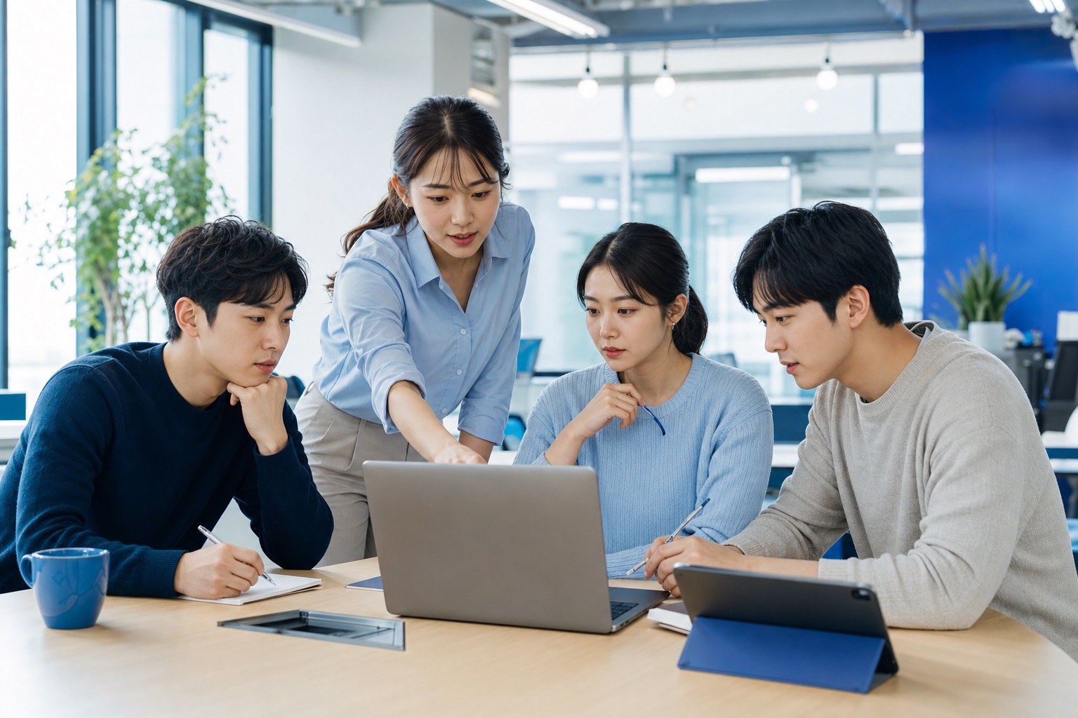 20~30대 한국인 직장인들이 노트북으로 직무교육을 받는 모습